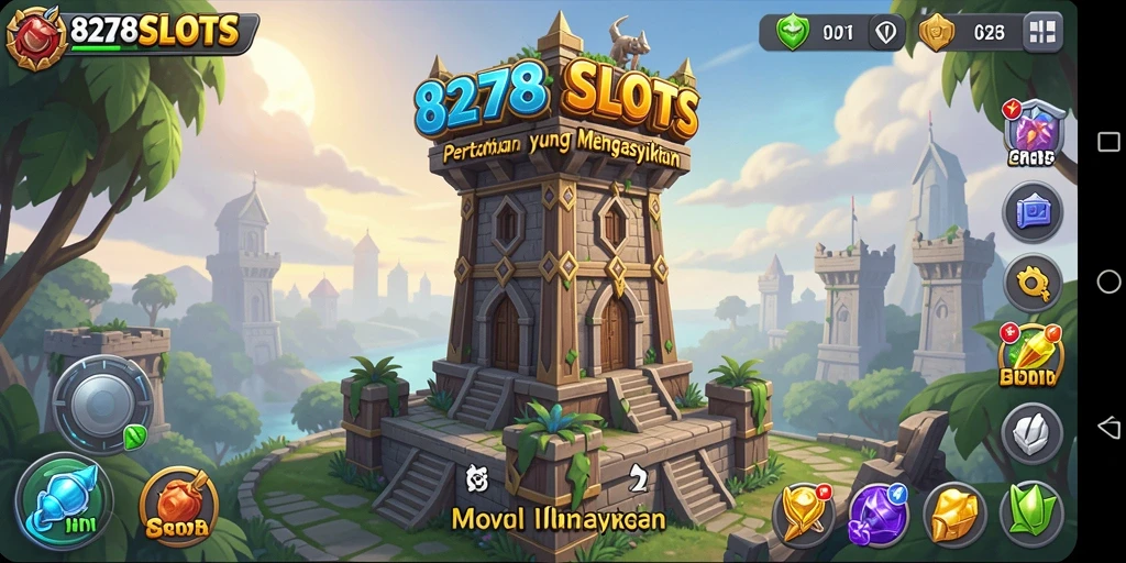 Screenshot 8278SLOTS menunjukkan aksi menara pertahanan yang intens.