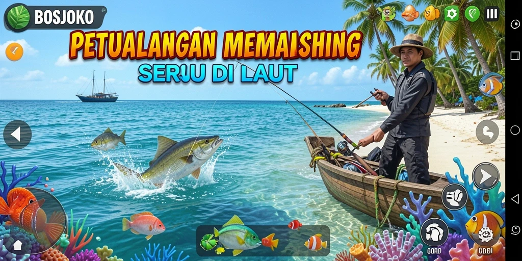 Screenshot gameplay BOSJOKO menampilkan petualangan memancing yang seru dan mengasyikkan.