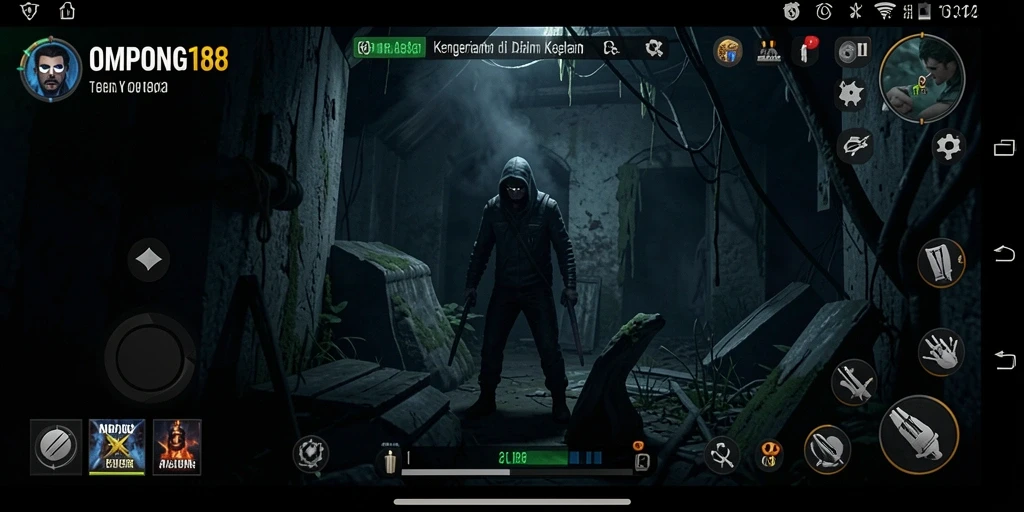 Screenshot OMPONG188 menampilkan suasana gameplay yang mencekam dan dengan efek visual yang menakutkan.