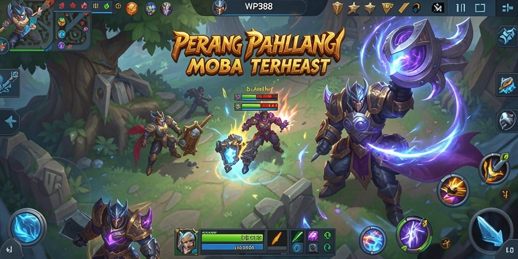 Tangkapan layar utama WP888 menampilkan aksi pertempuran MOBA yang seru.